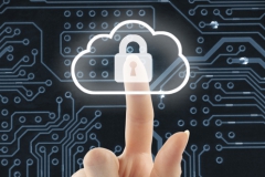 Hand pushing virtual cloud security button on digital background